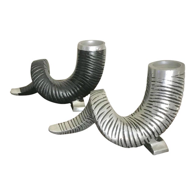 Black and Silver Color Metal Ram Horn Candle Holders - a Pair For Sale