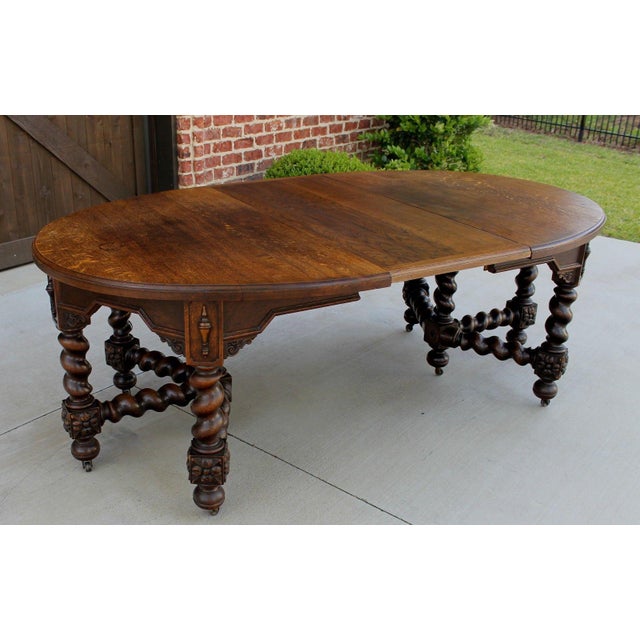 Antique English Oak Jacobean Style Oval Barley Twist Dining Table With