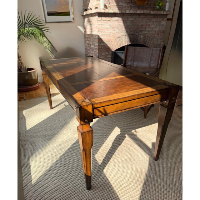 1990s Campaign Style Leather Top Writing Desk and Leather Chair, Set of 2 For Sale - Image 5 of 18