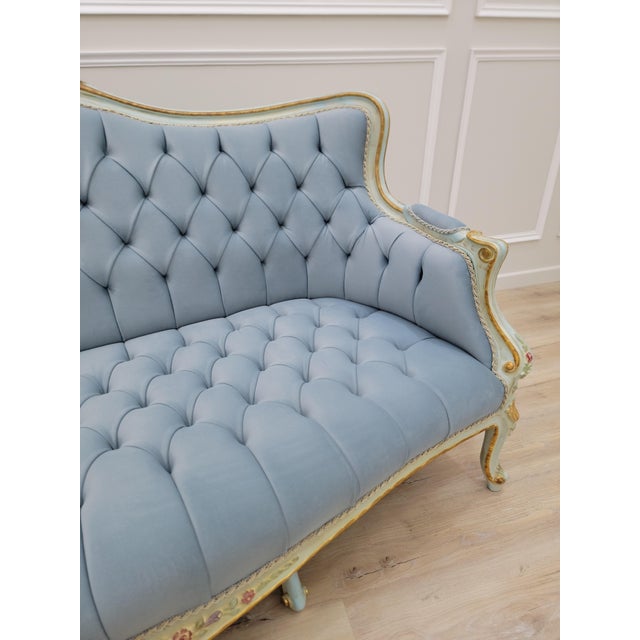 Wood 1970s Sky Blue Tufted French Provincial Sofa | Hand-Painted Floral Trim, Louis XV Style Settee For Sale - Image 7 of 12