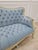 Wood 1970s Sky Blue Tufted French Provincial Sofa | Hand-Painted Floral Trim, Louis XV Style Settee For Sale - Image 7 of 12
