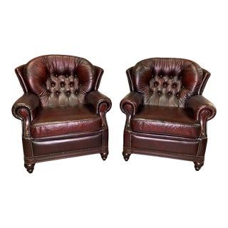 Vintage Mid-Century English Leather Chesterfield Monks Back Club Chairs, Oxblood- a Pair For Sale