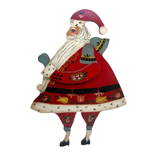 Traditional Vintage Hand Painted Folk Art Wooden Santa For Sale - Image 3 of 7