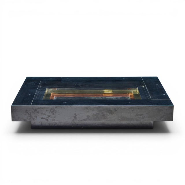 Alain Delon for Maison Jansen Mid Century Brass, Chrome and Lacquered Coffee Table This coffee table measures: 70 wide x...