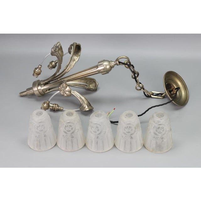 Art Deco French Brass Five-Light Chandelier with White Glass by Degué, 1930s For Sale - Image 14 of 18