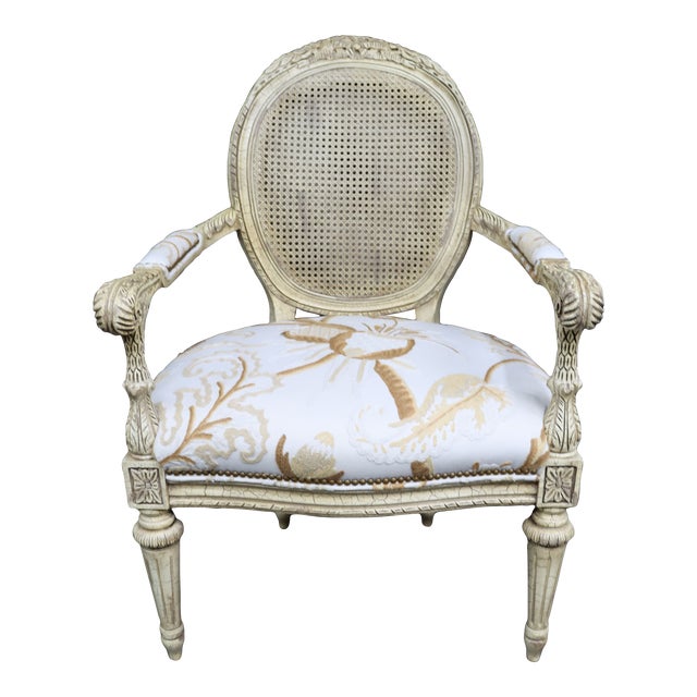 Hancock & Moore Louis XVI Style Crewel Work & Cane Armchair For Sale