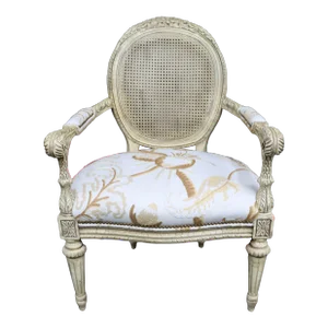 Hancock & Moore Louis XVI Style Crewel Work & Cane Armchair