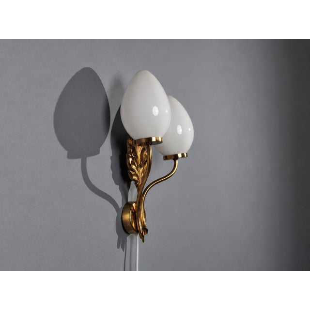 1950s 1950s Swedish Modern, Double Wall Light, Brass, Opaline Glass For Sale - Image 5 of 10