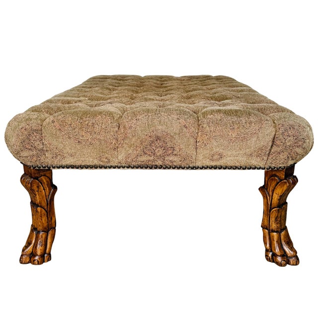 Late 20th Century Vintage Large Traditional Tufted Ottoman Coffee Table With Carved Lion Paw Feet For Sale - Image 5 of 10