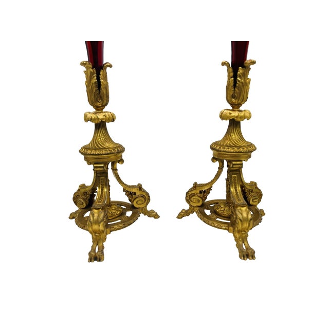 Baccarat Exceptional - Baccarat Ruby Red Glass & Bronze Ormolu Neoclassical Trumpet Vases For Sale - Image 4 of 12