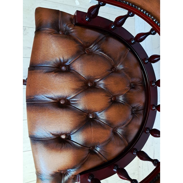 Wood Antique Style Chesterfield Swivel and Tilt Captain's Chair in Brown Buttoned Leather, 1990s For Sale - Image 7 of 18