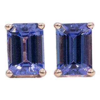Aaa Tanzanite Solitaire Studs, Emerald Cut 7x5mm - Fine Solid 14k Gold, Pair For Sale
