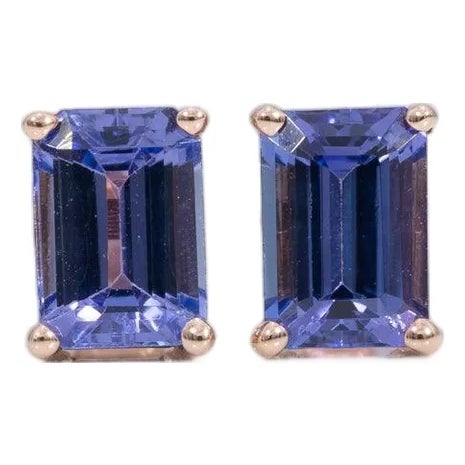 Aaa Tanzanite Solitaire Studs, Emerald Cut 7x5mm - Fine Solid 14k Gold, Pair For Sale