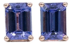 Aaa Tanzanite Solitaire Studs, Emerald Cut 7x5mm - Fine Solid 14k Gold, Pair