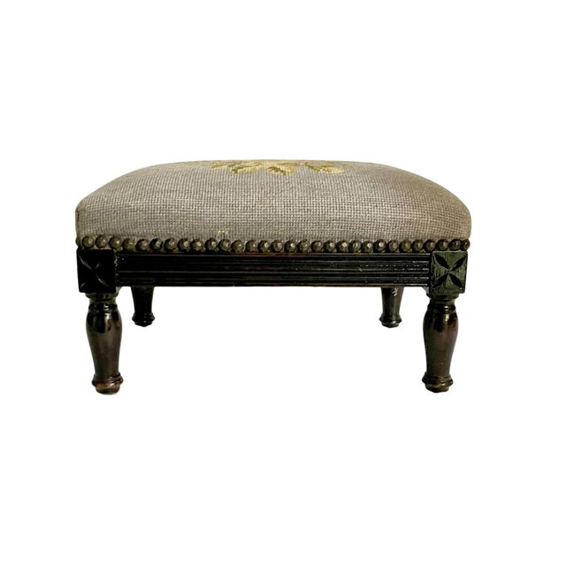 Blue Vintage French Louis XVI Style Petite Needlepoint Footstool With Carved Legs For Sale - Image 8 of 11