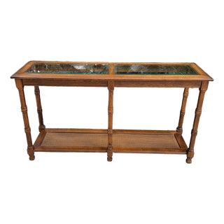 1970s Walnut Two Tier Glass Top Console Table With Faux Caning Shelf For Sale