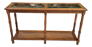 1970s Walnut Two Tier Glass Top Console Table With Faux Caning Shelf