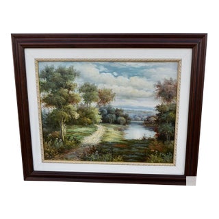 Vintage Oil Painting on Canvas of Landscape With Dbl. Matted Wood Frame For Sale