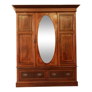 19th Century Inlaid Mahogany Mirrored Wardrobe For Sale