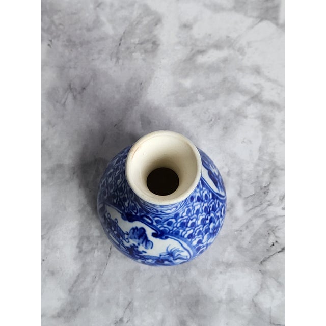 Chinoiserie Flow Blue Porcelain Vase With Traditional Asian Landscape For Sale - Image 3 of 12