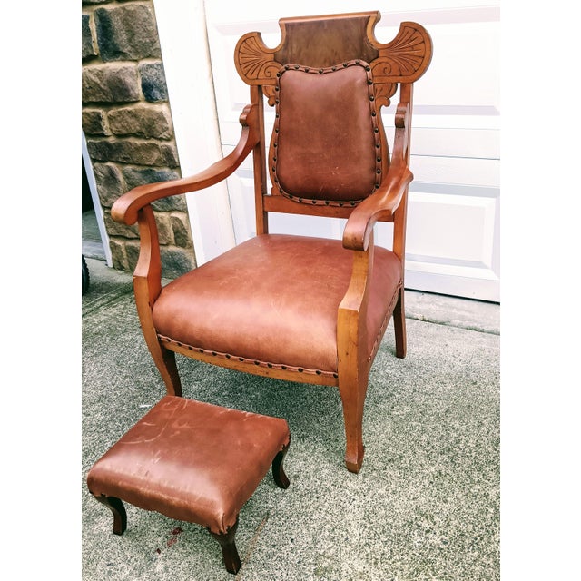 Rare Antique Victorian Carved Oak & Leather Throne Armchair With Matching Ottoman For Sale - Image 10 of 12