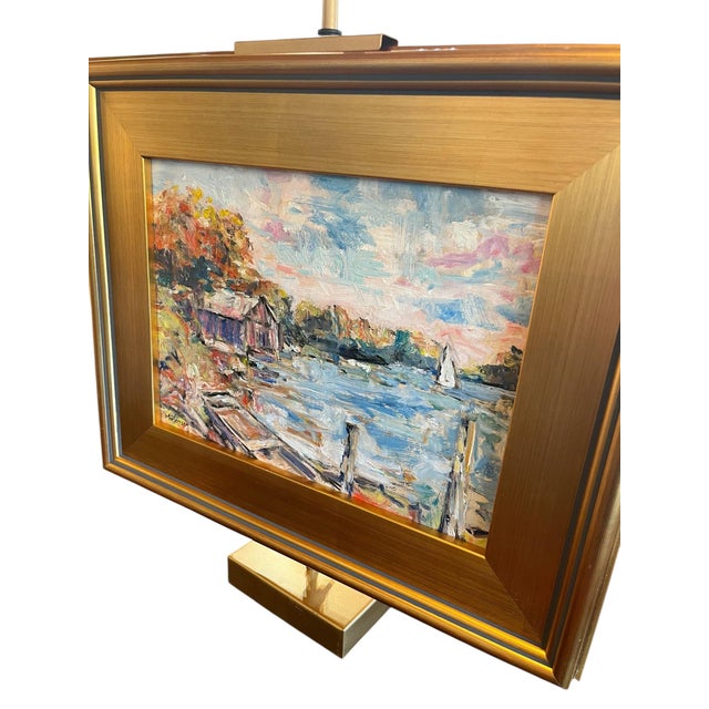 Impressionist Lake Boathouse Painting Signed Mortensen For Sale In Dallas - Image 6 of 7