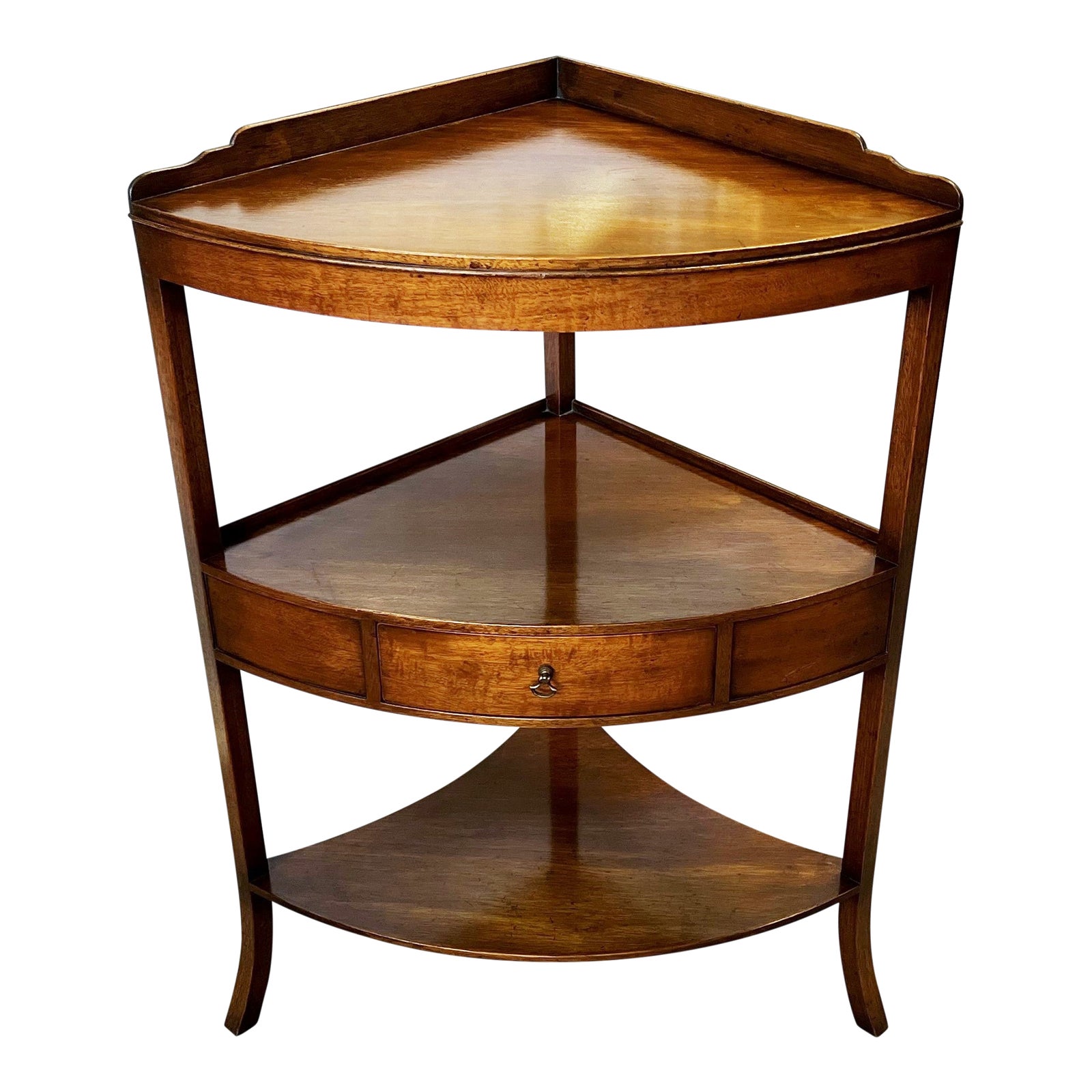 Vintage Fruitwood Corner Table With Three Shelves and Center Drawer