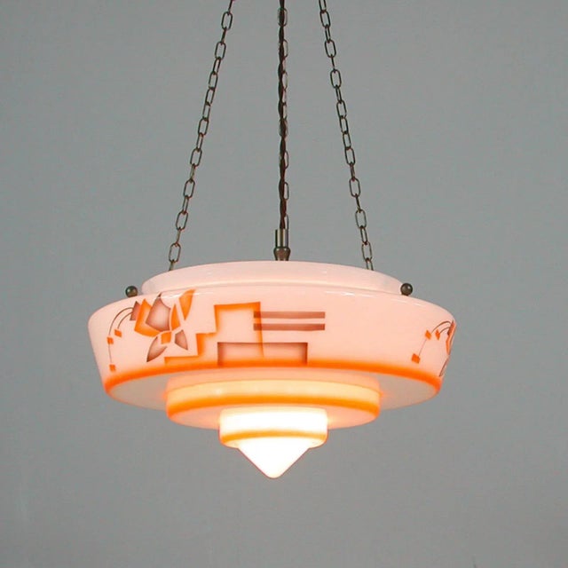German Art Deco Pendant Lamp in Enameled Glass and Brass, 1930s For Sale - Image 6 of 18