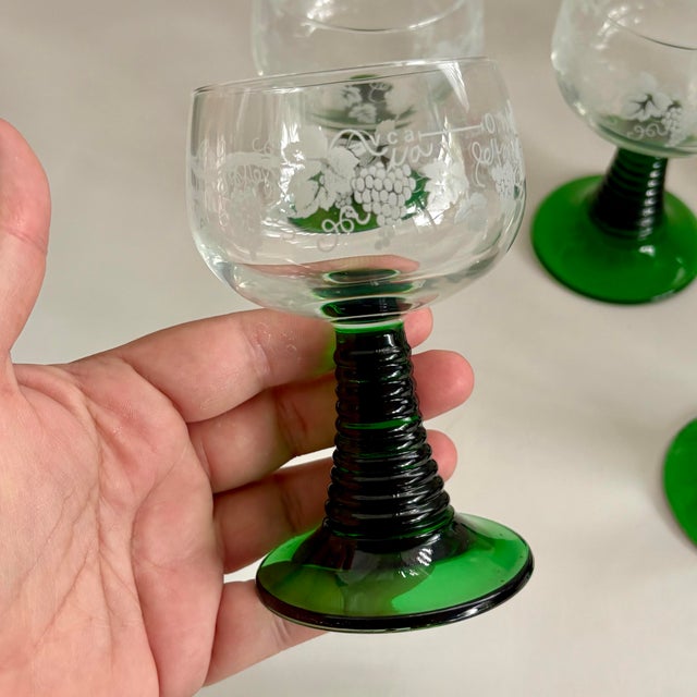 1960s Vintage French Luminarc Roemer Green Stem Wine Glasses – Set of 5 For Sale - Image 5 of 10