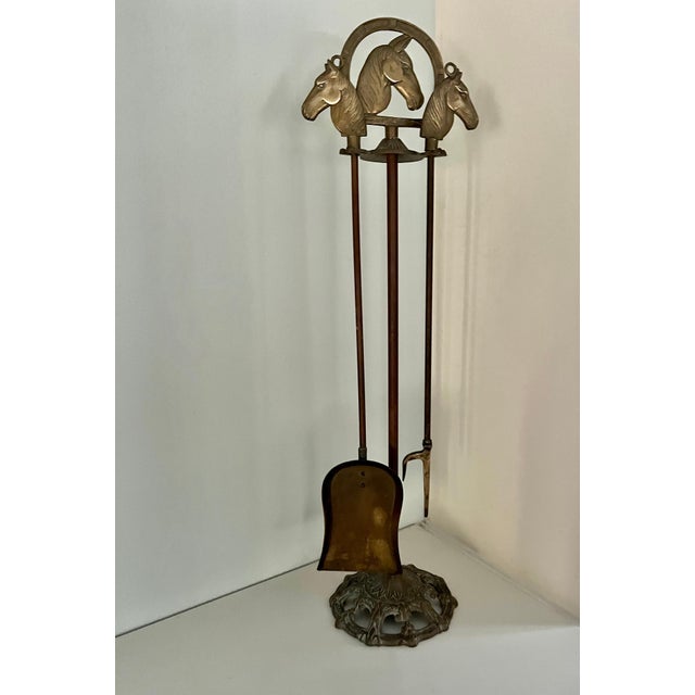 Solid Brass Fireplace Tools with Horse Head Handles & Stand - Set of 3 For Sale - Image 4 of 12