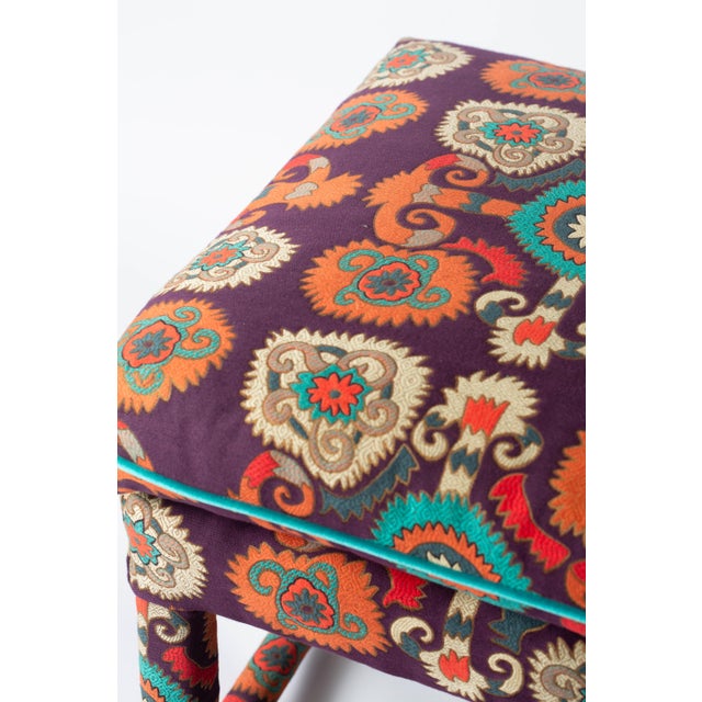 1970s Pair of 1970's Milo Baughman Stretcher-Base Stools, Newly Upholstered in Etro's "Fergana Viola" Italian Paisley Jacquard For Sale - Image 5 of 5