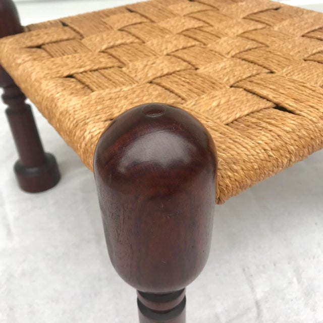 Vintage Woven Jute and Mahogany Stools - Set of 3 For Sale - Image 10 of 12