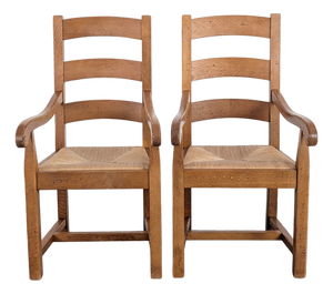 Vintage Armchairs in Oak with Rush Weave, Set of 2