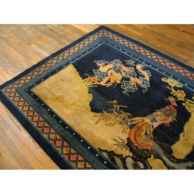 Chinese 1920s Blue Ivory Coral Antique Chinese Baotou Carpet With Phoenix Pictorial Rug For Sale - Image 3 of 5