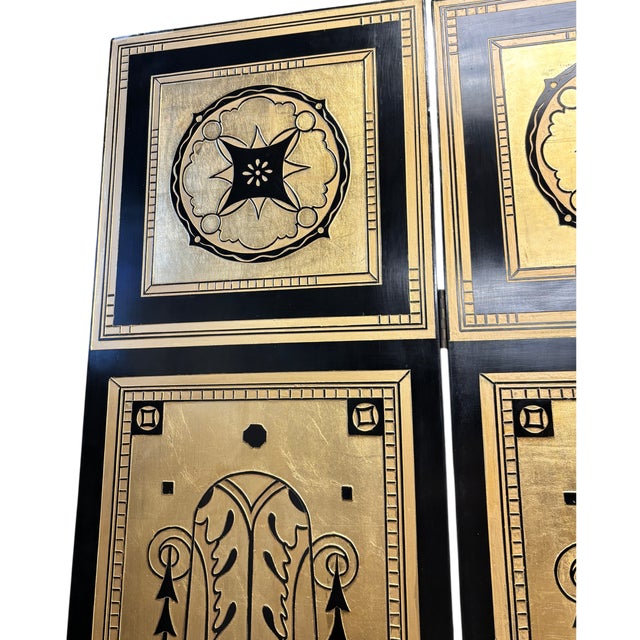 Striking Six-Panel Art Deco Carved Black Lacquer and Gilt Screen For Sale - Image 4 of 16