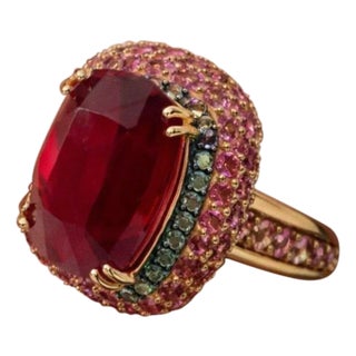 Bochic “Capri” Vintage Ruby, Emerald & Pink Sapphire Ring Set 18K Gold & Silver For Sale