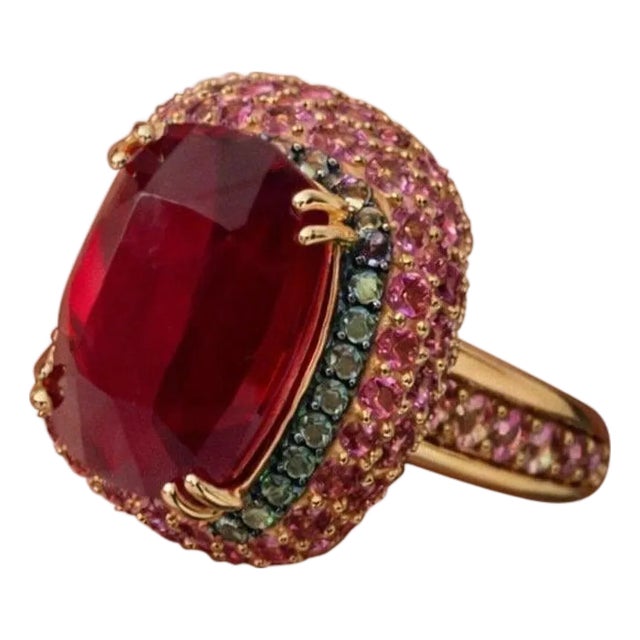 Bochic “Capri” Vintage Ruby, Emerald & Pink Sapphire Ring Set 18K Gold & Silver For Sale