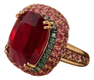 Bochic “Capri” Vintage Ruby, Emerald & Pink Sapphire Ring Set 18K Gold & Silver