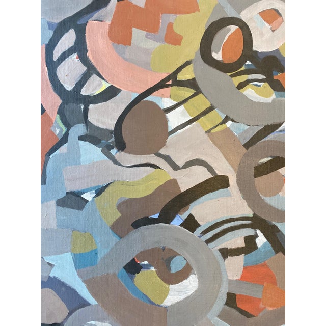 Midcentury abstract painting on canvas in palette of gray-blue, purple, and rust colors. Artist unknown.