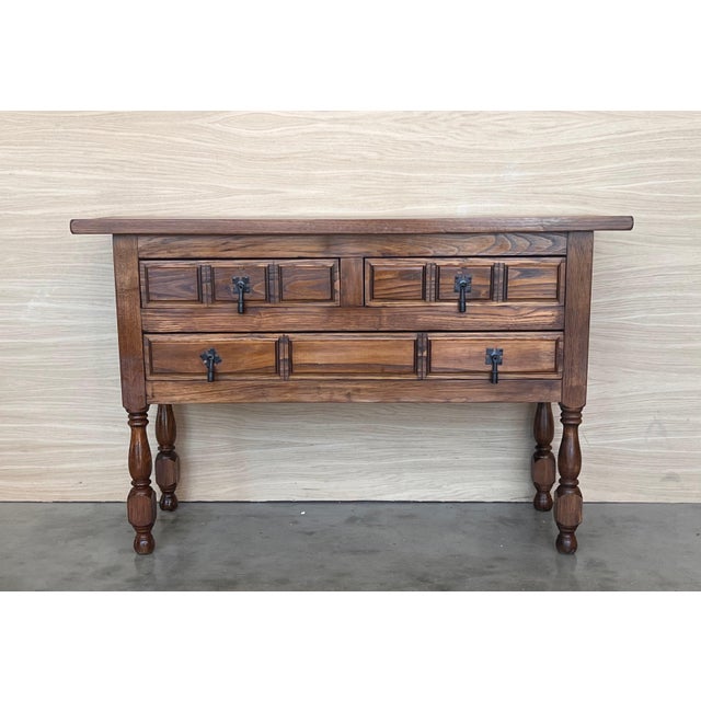 19th Century Catalan Spanish Carved Walnut Console Sofa Table, Four Drawers For Sale - Image 17 of 18