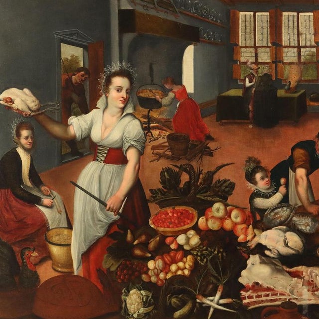 Baroque Flemish Artist, Interior Kitchen Scene, Large Oil on Canvas, Framed For Sale - Image 3 of 16