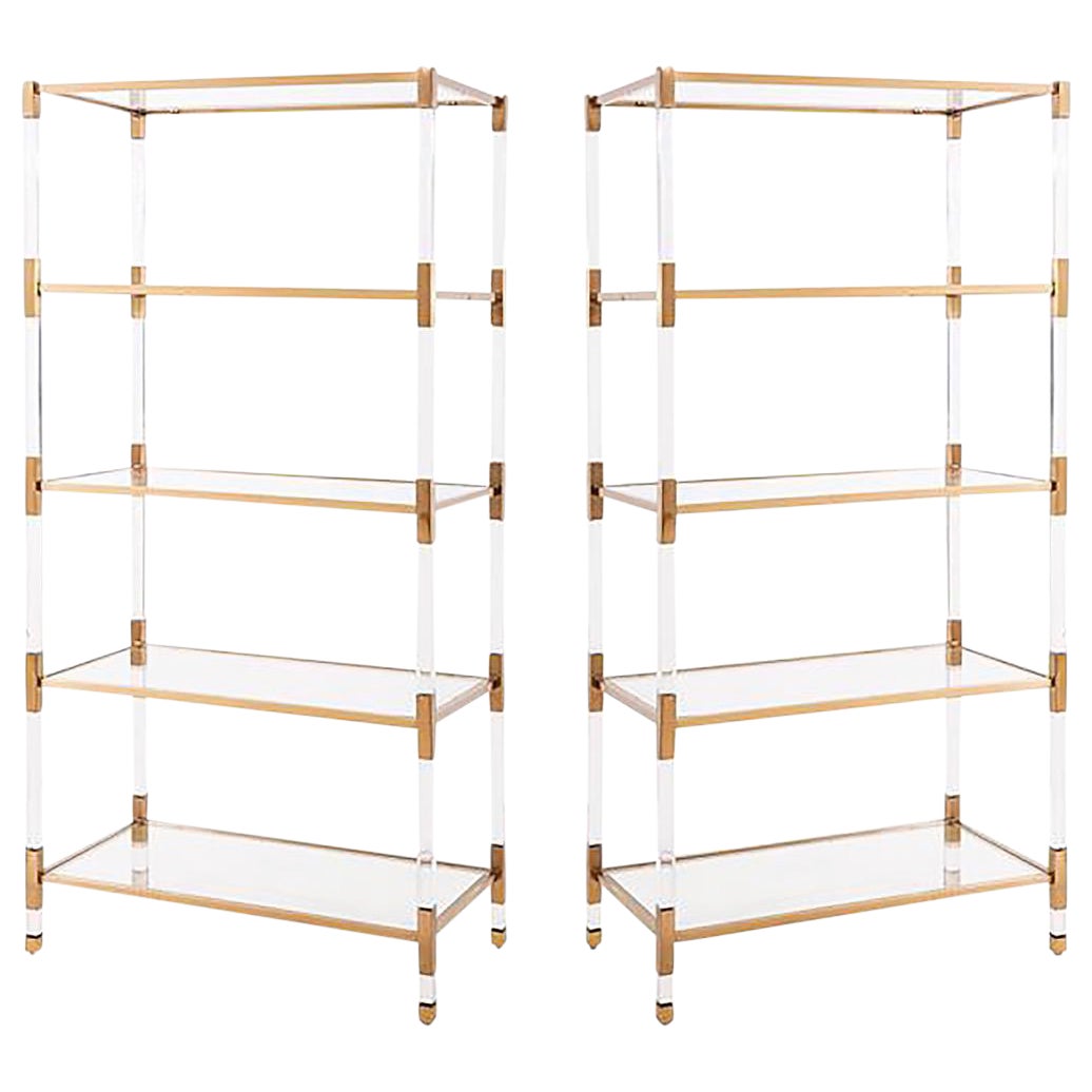 Set of Maelie Lucite Acrylic & Gold Etagere Bookcases with Glass