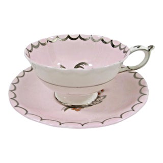 Antique Paragon Abstract Floral Flower Pink Teacup & Saucer White Silver Gilded For Sale