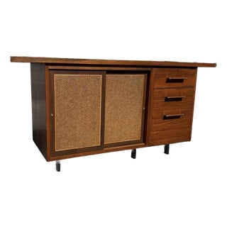 Mid Century Walnut & Cane Front Credenza W Refinished Top For Sale