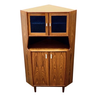 1950s Danish Rosewood Corner Cabinet W/ Indigo Stained Glass Doors For Sale
