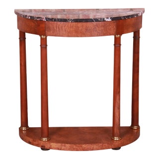 Baker Furniture Empire Burl Wood Marble Top Demilune Console Table For Sale