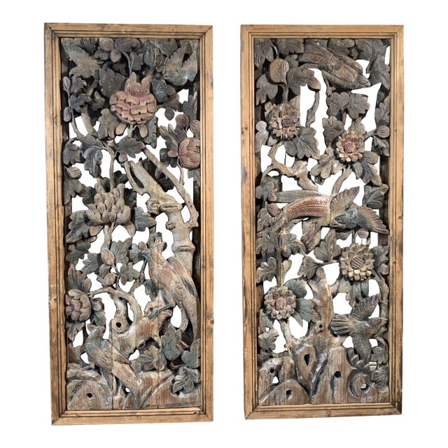 19th Century Antique Chinese Hanging Carved Wood Panels—A Pair For Sale