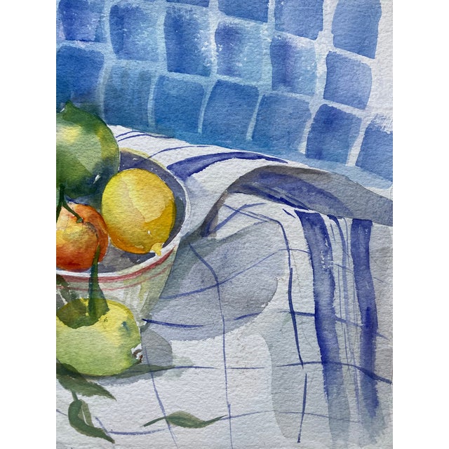 Contemporary 1980’s Original Impressionist Still Life Watercolor Painting Fruits on Blue & White For Sale - Image 3 of 4