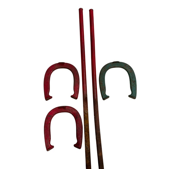 Vintage Diamond Duluth "Double Ringer" Drop Forged Horseshoes & Stakes Set - 5 Pieces For Sale - Image 4 of 6