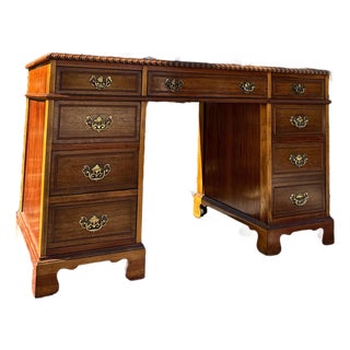 Antique John Wanamaker Solid Wood Pedestal Desk With Brass Hardware For Sale